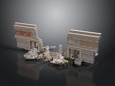 Ancient Architecture Ruins Featuring Broken Walls Decorative Carvings Scattered Stones Column Remains And Plants 3d model