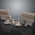 Ancient Architecture Ruins Featuring Broken Walls Decorative Carvings Scattered Stones Column Remains And Plants