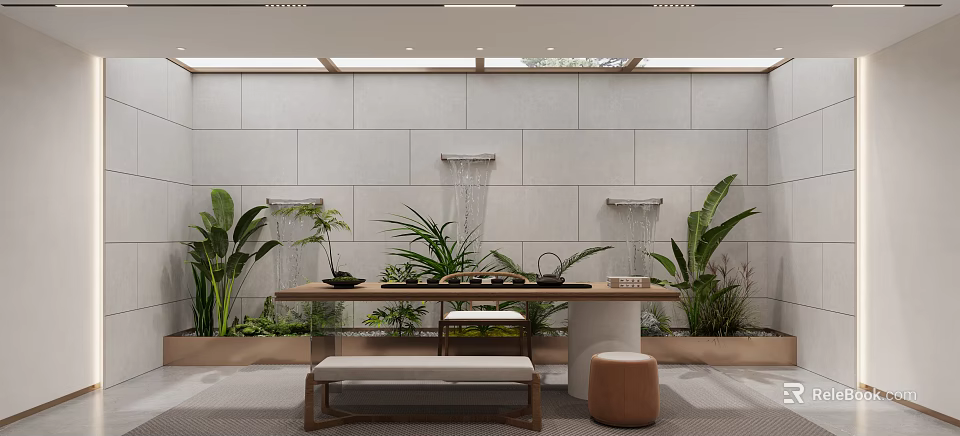 Modern Open Concept Kitchen Interior With Green Plants And Water Features 3d model