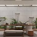 Modern Open Concept Kitchen Interior With Green Plants And Water Features 3d model