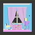 Cartoon Style Room Scene With Blue Walls Pink Curtains Dresser Sofa TV And Rug