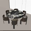 Round Marble Top Dining Table Set with Six Dark Brown Chairs and White Blinds 3d model