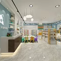 MILK Family Baby Products Specialty Store With Shelves Display Cabinets Hanging Lights And Colorful Seats