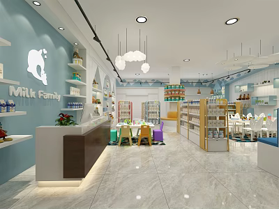 MILK Family Baby Products Specialty Store With Shelves Display Cabinets Hanging Lights And Colorful Seats 3d model