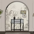 Black Console Table with Tropical Mural Beige Walls Arched Doorway Vase Decor and Floor Lamp