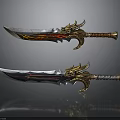 Ornate Decorative Swords Featuring Golden Dragon Handles Flame Patterns Red Black Accents Shiny Blades