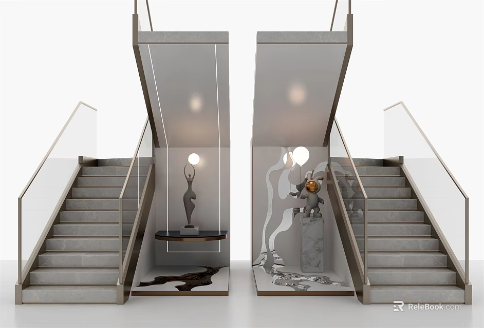 Modern Gray Staircase With Glass Railings Symmetric Design And Decorative Elements 3d model 