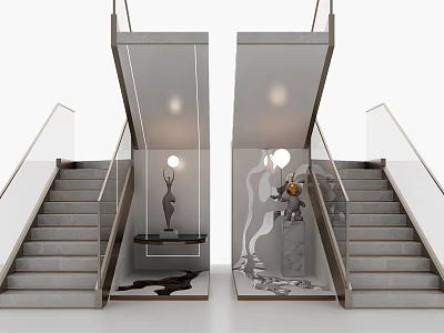 Modern Gray Staircase With Glass Railings Symmetric Design And Decorative Elements 3d model