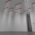 Interactive Art Installation Featuring Red Frames And Hanging White Threads In White Room 3d model
