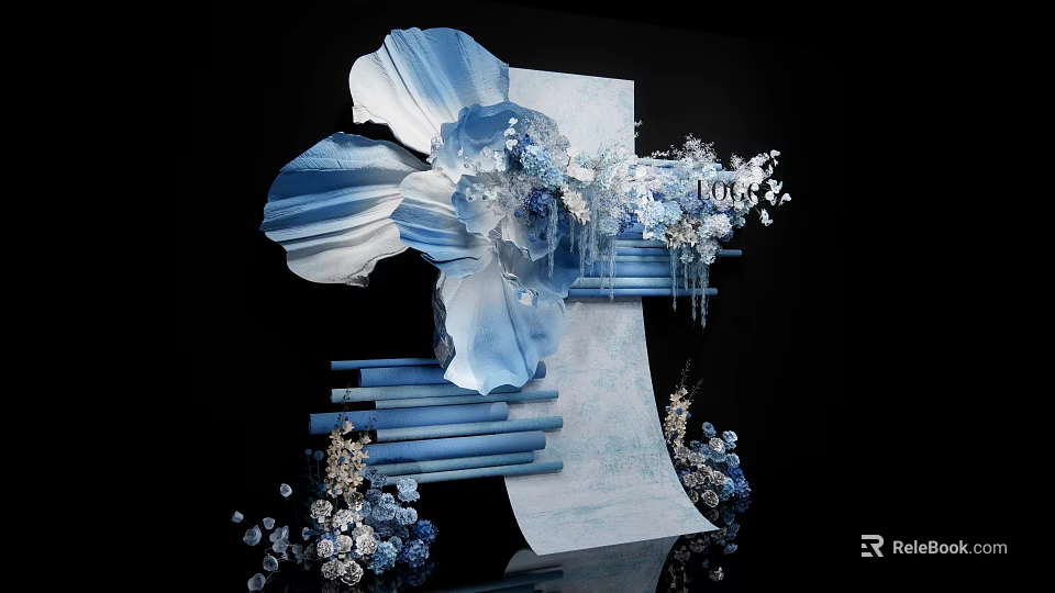 Elegant Blue White Floral Decor With Large Petal Hanging Ornaments And Small Flowers 3d model 
