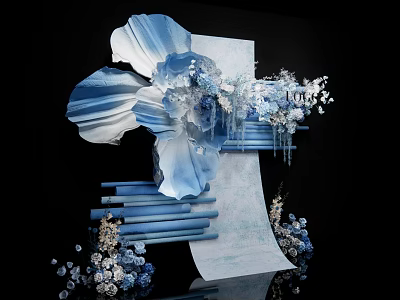 Elegant Blue White Floral Decor With Large Petal Hanging Ornaments And Small Flowers 3d model