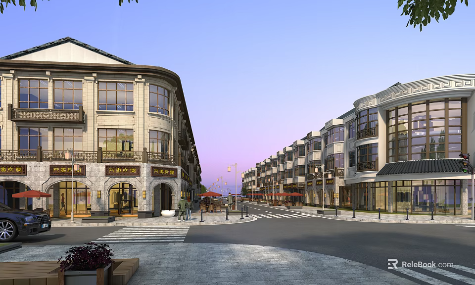 European Style Commercial Street With Multi storey Buildings And Shop Fronts View 3d model 