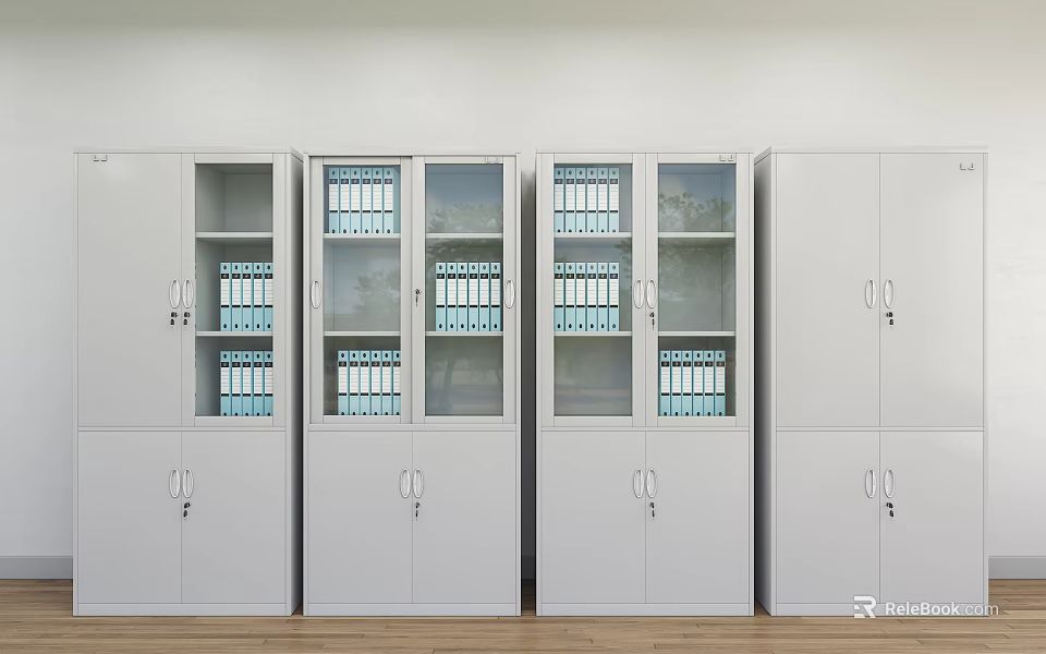 White Office Bookcases With Glass Doors And Neatly Arranged Blue Folders 3d model 