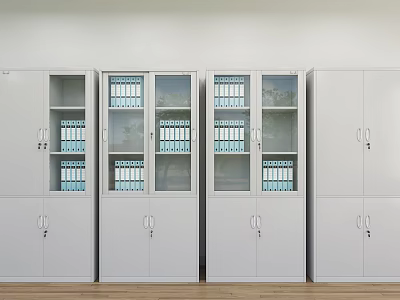 White Office Bookcases With Glass Doors And Neatly Arranged Blue Folders 3d model