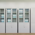 White Office Bookcases With Glass Doors And Neatly Arranged Blue Folders