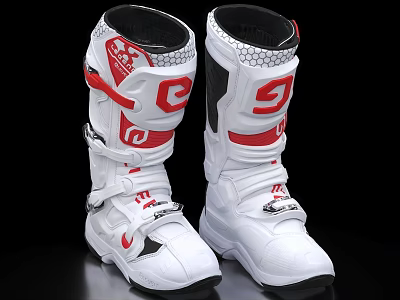 White and Red Motorcycle Boots with G Logo High Top Design and Secure Straps 3d model