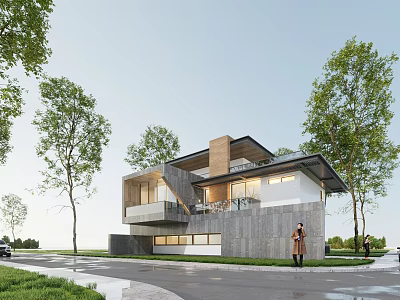 Modern Detached Villa with Unique Roof Design Surrounded by Trees and Large Windows 3d model