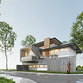 Modern Detached Villa with Unique Roof Design Surrounded by Trees and Large Windows