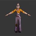 3D Game Movie Character With White Hair Glasses Orange Shirt Purple Pants Standing Arms Outstretched