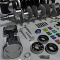 Various Automotive Engine Parts Including Crankshaft Piston Bearings And Gears