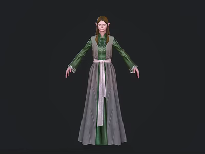Elven Fantasy Character In Green And Gray Robe With Long Hair And Pointed Ears 3d model
