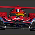 Red Race Car With Streamlined Body Design Black And Blue Stripes And Rear Wing