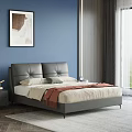 Modern Double Bed With Gray Leather Headboard Blue Wall And Nightstand Table Lamp 3d model