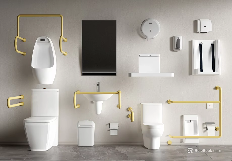 Modern Bathroom Toilet with Urinal Sink Mirror and Golden Handrails 3d model 