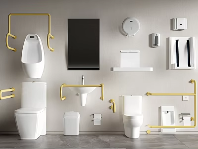 Modern Bathroom Toilet with Urinal Sink Mirror and Golden Handrails 3d model