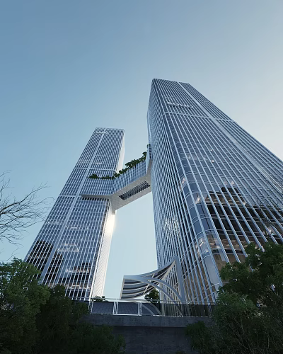 Modern High Rise Office Buildings With Glass Curtain Walls Connecting Sky Bridge And Greenery 3d model