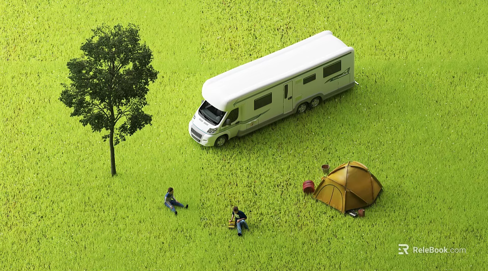 Relaxing Camping Scene With White RV Yellow Tent Green Grass And People 3d model 