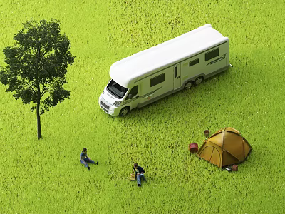 Relaxing Camping Scene With White RV Yellow Tent Green Grass And People 3d model