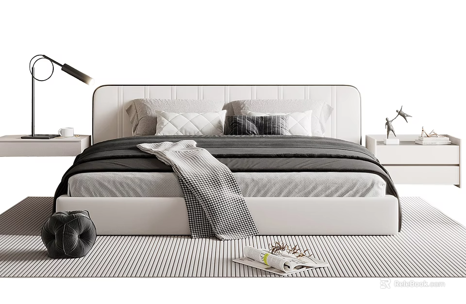 Modern Double Bed Interior With White Headboard Black Gray Quilt Pillows And Striped Rug 3d model 