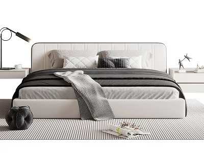 Modern Double Bed Interior With White Headboard Black Gray Quilt Pillows And Striped Rug 3d model