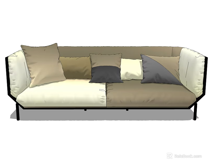 Modern Two Seater Sofa with Stylish Different Colored Cushions Beige Grey Brown Black Frame Design 3d model