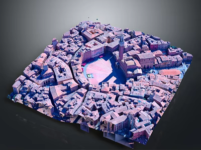 3D Aerial View of Historic Town with Dense Architecture and Central Plaza 3d model