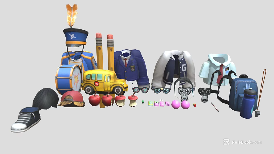 School Themed Decorative Ornament Set with Bus Pencils Apples Hat and Uniform 3d model 
