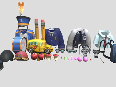 School Themed Decorative Ornament Set with Bus Pencils Apples Hat and Uniform 3d model