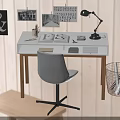 Modern Home Office Desk With Lamp Books Stationery Chair Basket And Decorative Paintings