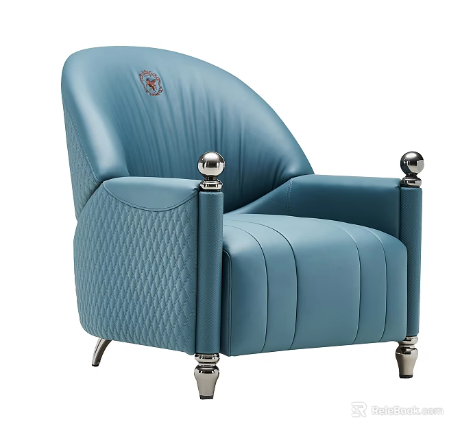 Stylish Blue Leather Accent Chair With Silver Spherical Armrest Decorations Backrest Emblem And Metal Legs 3d model 