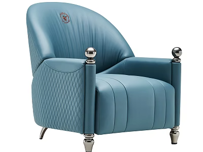Stylish Blue Leather Accent Chair With Silver Spherical Armrest Decorations Backrest Emblem And Metal Legs 3d model