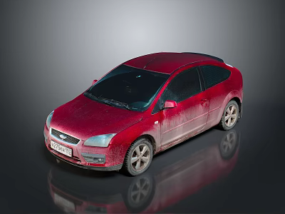 Red Sedan Car With Dusty Exterior Parked On Shiny Reflective Surface 3d model