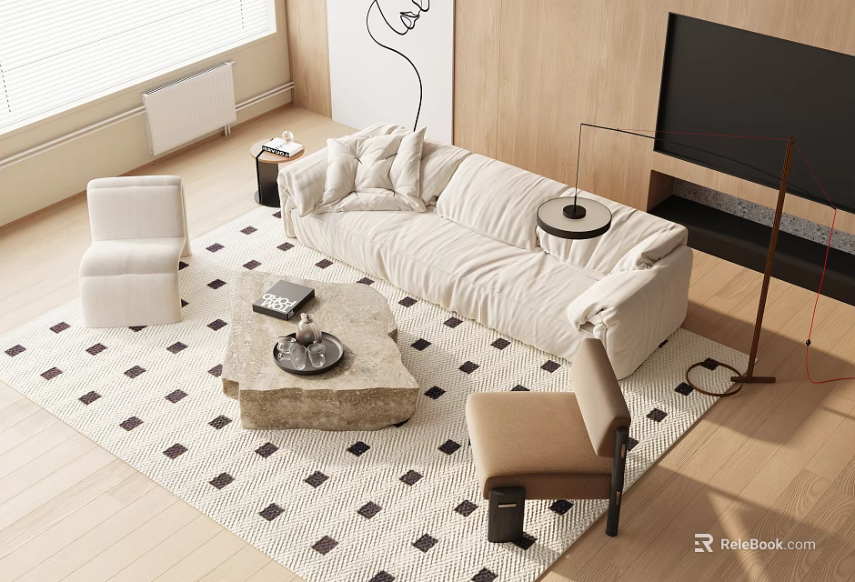 Modern Living Room Plush Sofa And Coffee Table Set With Stone Top And Geometric Rug 3d model 