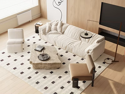 Modern Living Room Plush Sofa And Coffee Table Set With Stone Top And Geometric Rug 3d model