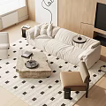 Modern Living Room Plush Sofa And Coffee Table Set With Stone Top And Geometric Rug