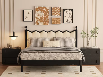 Double Bed With Black Scalloped Headboard Plaid Pillows Floral Bedspread Nightstands And Decorative Wall Art 3d model