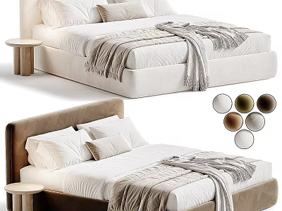 Modern Upholstered Double Bed With Multiple Optional Colors Cozy Bedding And Minimalist Wooden Side Table 3d model
