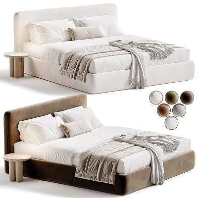 Modern Upholstered Double Bed With Multiple Optional Colors Cozy Bedding And Minimalist Wooden Side Table 3d model