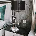 Elegant Modern Bedroom Interior With Green Velvet Bench Palm Tree Wall Decor And Bedside Lamps