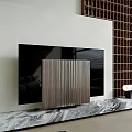 Modern Smart TV Setup With Marble Countertop Grid Wall And Sleek Lamp